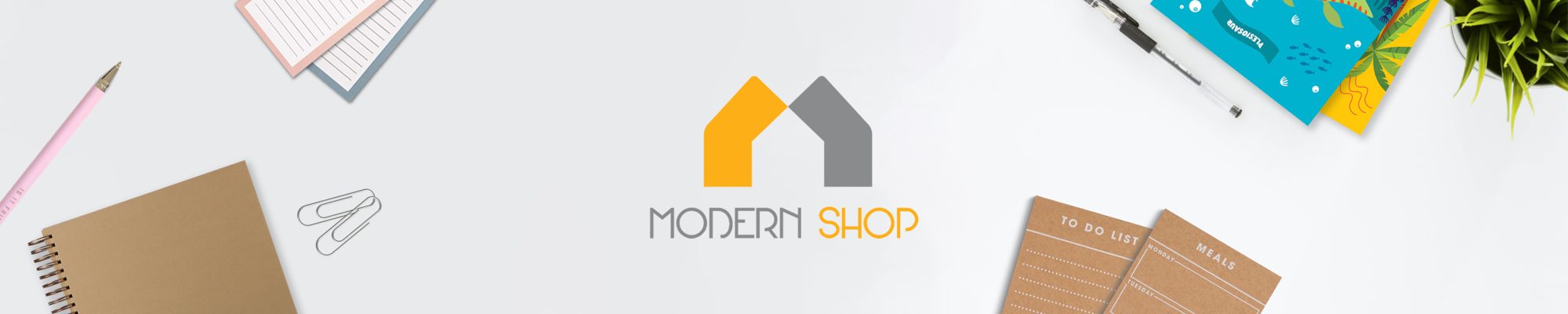 Modern Shop notepads, kraft notebooks and stationery on a desk